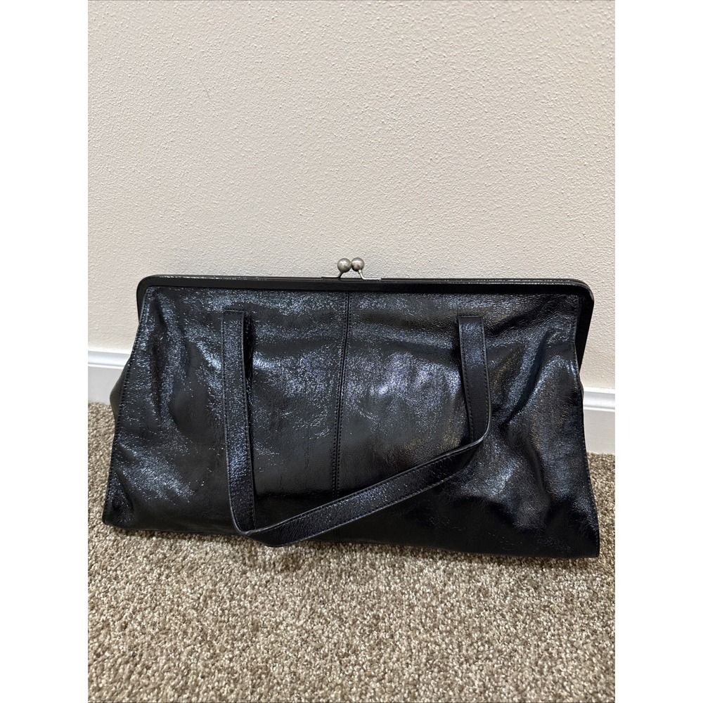 Hobo International Black Patent Leather Kiss Lock Frame Bag Pockets Classic